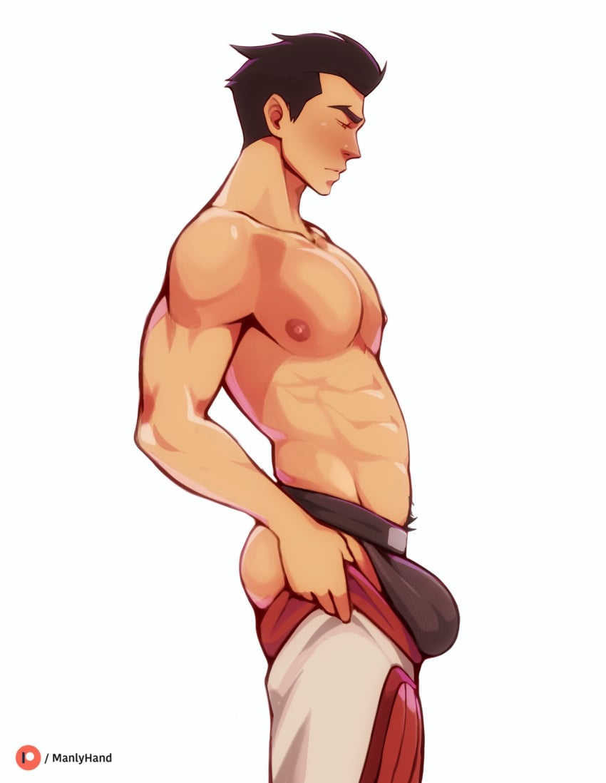 1boy abs avatar_legends biceps big_bulge bulge embarrassed huge_bulge jockstrap mako male male_only manlyhand muscles muscular muscular_male nickelodeon pecs pulling_up_pants shirtless_male shy smooth_chest smooth_skin the_legend_of_korra