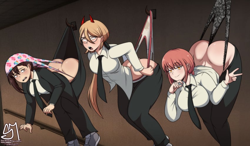 3girls atomic_wedgie big_ass black_panties black_pants black_underwear blonde_female blonde_hair brown_eyes brown_hair bully bullying chainsaw_man embarrassed embarrassed_female embarrassing embarrassment fat_ass female female_only glasses hanging_wedgie higashiyama_kobeni makima_(chainsaw_man) multiple_girls panties pattern_panties pattern_underwear peace_sign pink_panties power_(chainsaw_man) print_panties red_eyes red_hair semidraws smile smiling smiling_at_viewer suit suit_pants thicc_bully tie ties wedgie white_panties white_underwear