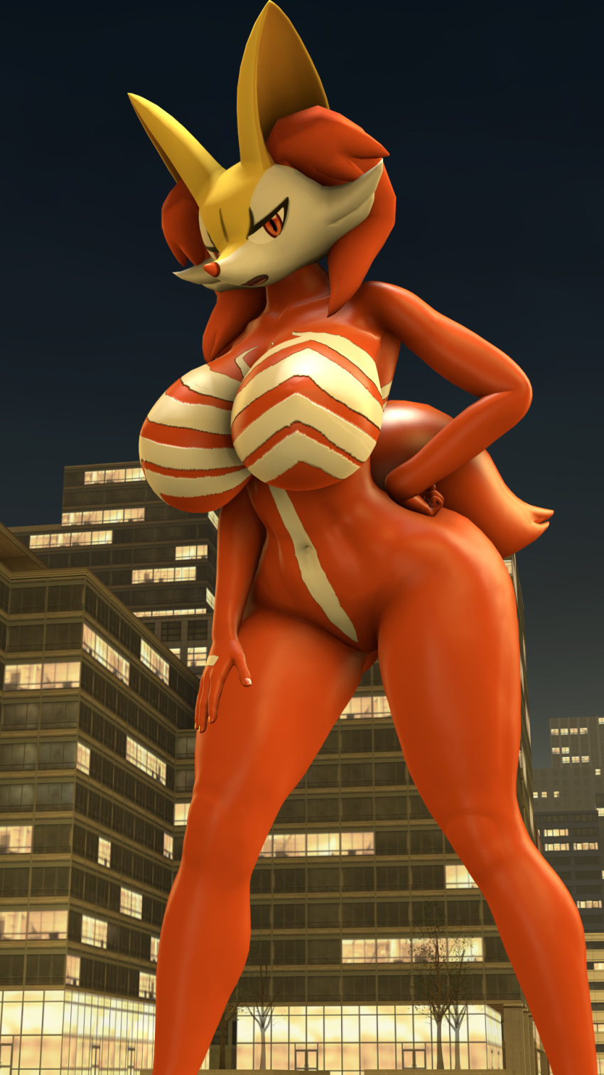 2023 3d 3d_(artwork) 9:16 anthro braixen breasts city city_background digital_media_(artwork) featureless_breasts female fur generation_6_pokemon genitals hand_on_hip hand_on_leg hand_on_thigh hi_res looking_at_viewer nintendo open_mouth orange_body orange_eyes orange_fur orange_nose pokemon pokemon_(species) pokesymbiote pose pussy solo source_filmmaker standing symbiote white_body white_skin yellow_body yellow_skin