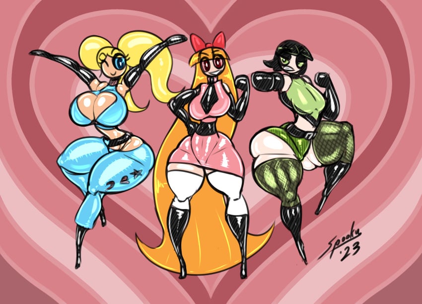 3girls blossom_(powerpuff_girls) bubbles_(powerpuff_girls) buttercup_(powerpuff_girls) female grayscalerain high_heels huge_ass huge_breasts muscular_female powerpuff_girls tagme thick_thighs wide_hips