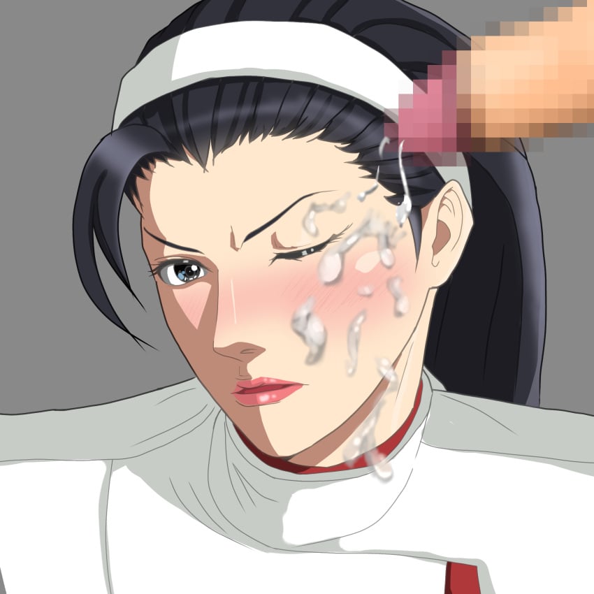 annoyed_expression asian_female black_hair blowjob chizuru_kagura closed_eyes cum_in_mouth cum_on_face facial_cumshot king_of_fighters priestess snk