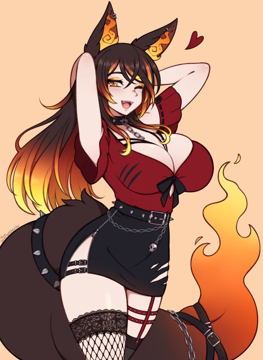 animal_ears big_breasts breasts choker cleavage clothed_female fishnets indie_virtual_youtuber looking_at_viewer sinder_(vtuber) tagme tail thescarletdevil thick_thighs thighs virtual_youtuber wink