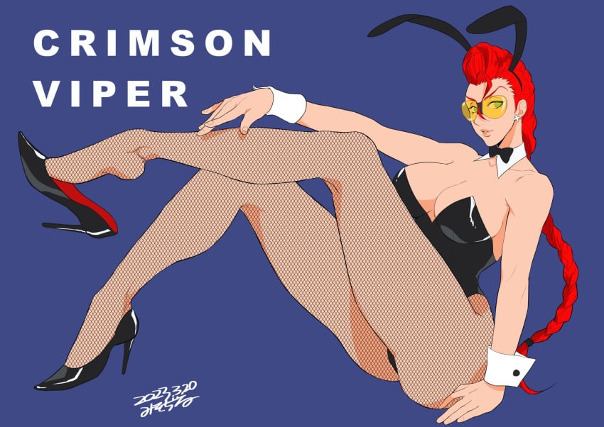 1girls breasts bunny_ears bunnysuit crimson_viper detached_sleeves feet high_heels looking_at_viewer orange-tinted_eyewear posing red_hair sitting straight_hair street_fighter sunglasses tinted_eyewear very_long_hair