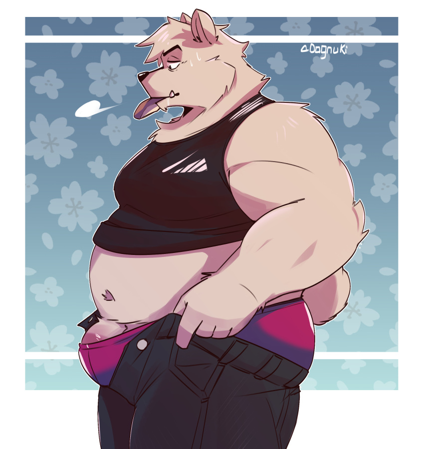 2023 anthro belly bottomwear bulge canid canine canis clothing domestic_dog genitals hi_res humanoid_hands kemono male mammal overweight overweight_anthro overweight_male pants penis realiron_(artist) shirt solo tight_pants_(meme) topwear underwear