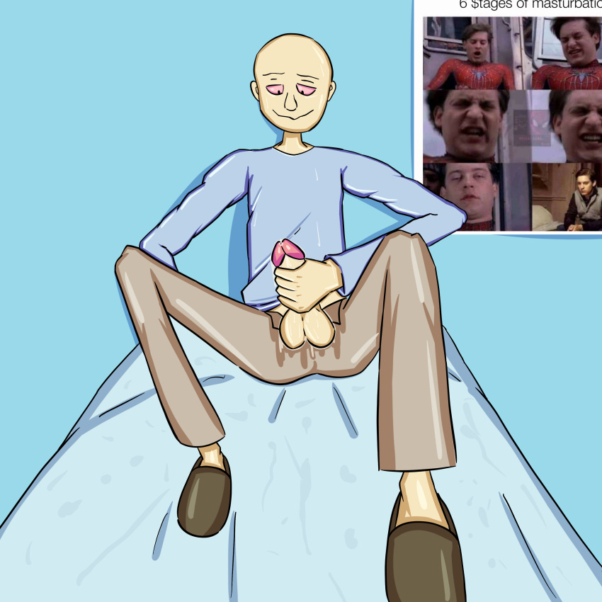 1boy absurd_res bad_anatomy bald bald_man bed bedroom blue_shirt brown_pants clothed explained_by_an_idiot genital_fluids genitals half-closed_eyes high_boi high_resolution male_only marvel marvel_comics masturbation meme penis poster poster_(object) precum red_eyes sandals solo spider-man spider-man_(series) sweat sweatdrop sweater sweating tobey_maguire toony ugly_man wet_clothes youtuber