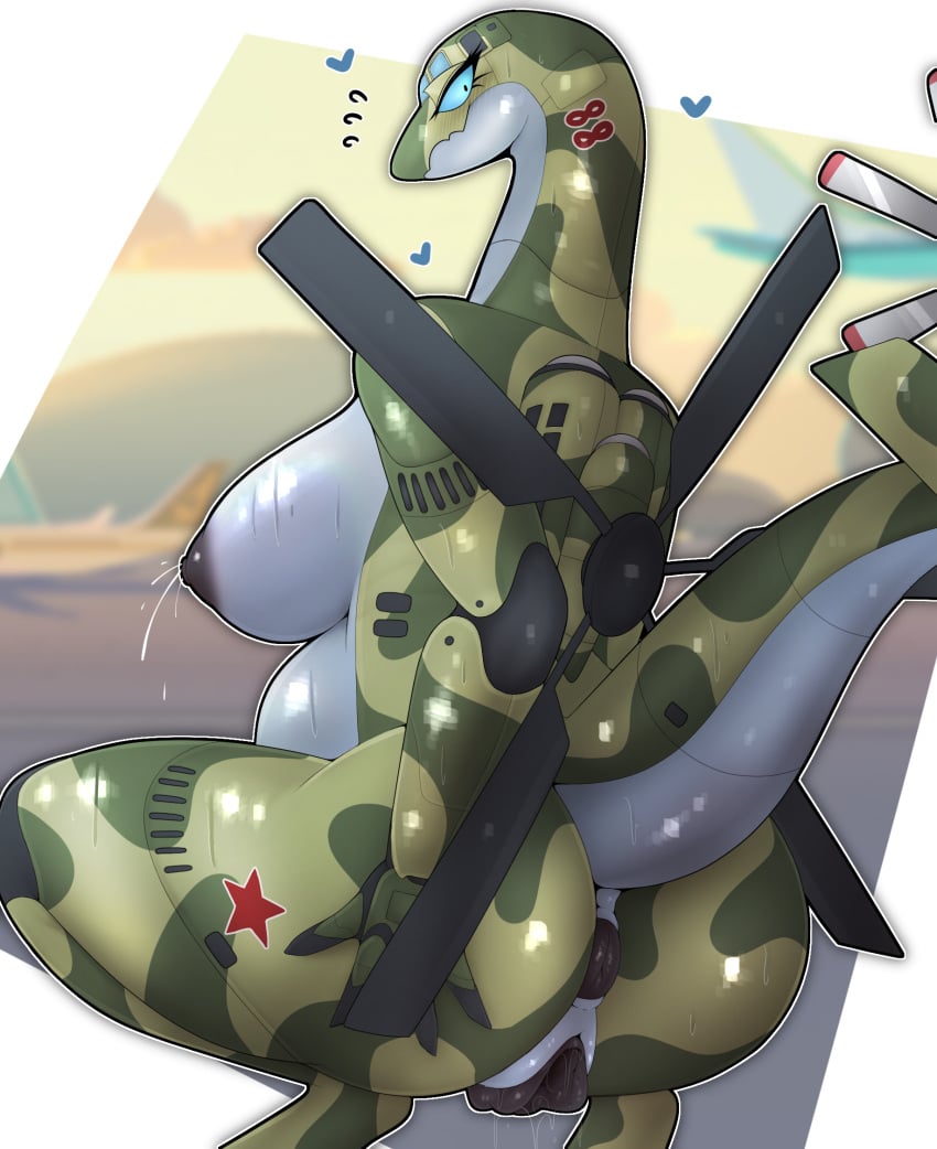 aeromorph aircraft anthro anus ass big_breasts big_butt black_anus black_nipples black_pussy blue_eyes blush bodily_fluids breasts camo crouching curvy_figure eyelashes female gaping gaping_pussy genital_fluids genitals glistening glistening_body heart hi_res lactating lactation living_aircraft living_helicopter living_machine living_vehicle long_neck looking_at_viewer looking_back machine mature_female mi-26 nipples nude pregnant propeller pussy pussy_juice raised_tail sepiruth solo sweat tail vehicle voluptuous