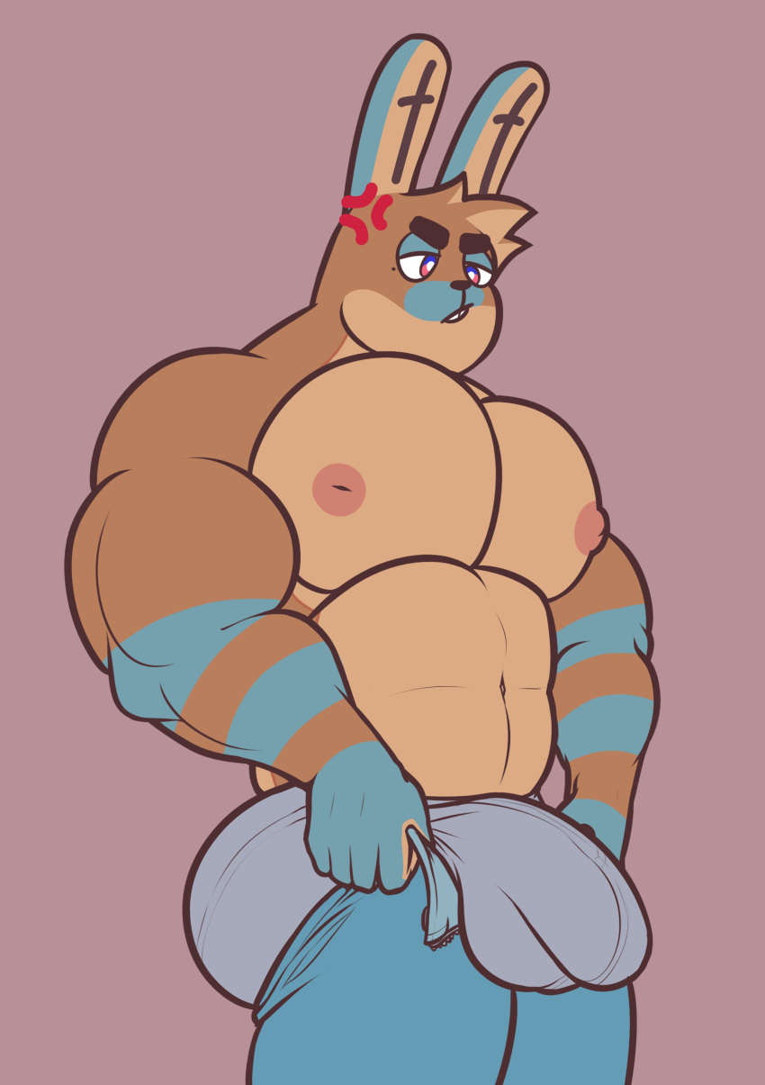 2023 abs absurd_res anthro barazoku biceps big_bulge big_muscles big_pecs bottomwear bottomwear_pull buckteeth bulge clothed clothing clothing_pull cross-popping_vein denim denim_clothing eyebrows franky_(palchamon) fur hi_res huge_bulge huge_muscles jeans lagomorph leporid male mammal markings meme muscular muscular_anthro muscular_male narrowed_eyes navel nipples palchamon pants pants_pull pecs purple_background rabbit simple_background solo standing teeth tight_pants_(meme) topless topless_anthro topless_male tuft underwear unzipped vein zipper