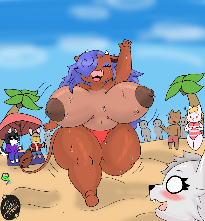 absurd_res anthro areola beach big_breasts bikini bovid bovine breasts cattle clothing curvy_figure duo female genitals hair hi_res horn huge_breasts huge_thighs juki_(juki_zu) juki_zu male male/female mammal miko_(juki_zu) nipples nude open_mouth public purple_hair pussy seaside smile swimwear thick_thighs wet