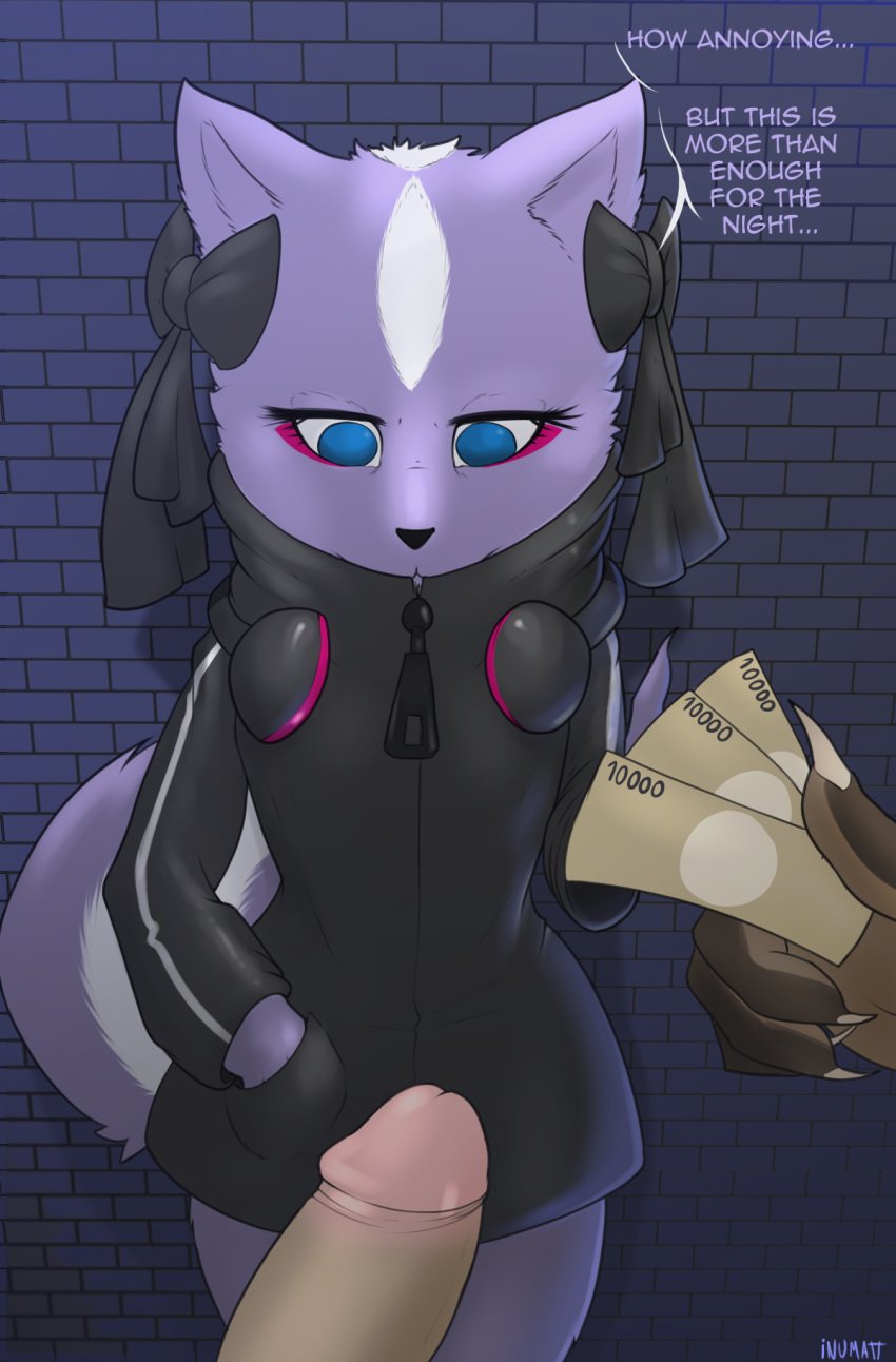 2020s 2023 aggressive_retsuko biped black_clothing black_nose blue_eyes bow_accessory claws clothing digital_media_(artwork) duo english_text erection eyelashes female finger_claws fur genitals hand_in_pocket headphones headphones_around_neck hi_res holding_money holding_object humanoid_genitalia humanoid_penis male male/female mammal mephitid money multicolored_body multicolored_fur penis pockets purple_body purple_fur sanrio shikabane shikabane_(aggressive_retsuko) shikabane_(aggretsuko) skunk smooth_fur text two_tone_body two_tone_fur unusualmatias white_body white_fur