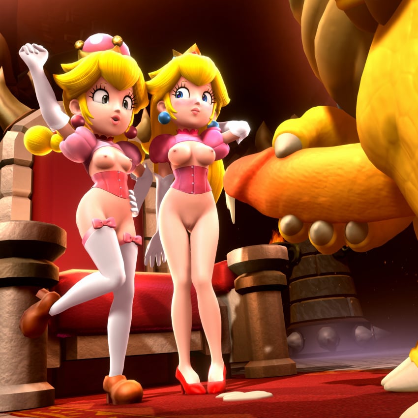 1boy 2girls 3d alternate_version_at_source alternate_version_available blonde_hair blue_eyes bowser corset female gray_eyes indoors male mario_(series) multiple_girls new_super_mario_bros._u_deluxe nintendo onmodel3d partial_male peachette princess_peach super_crown super_mario_bros. tagme toadette