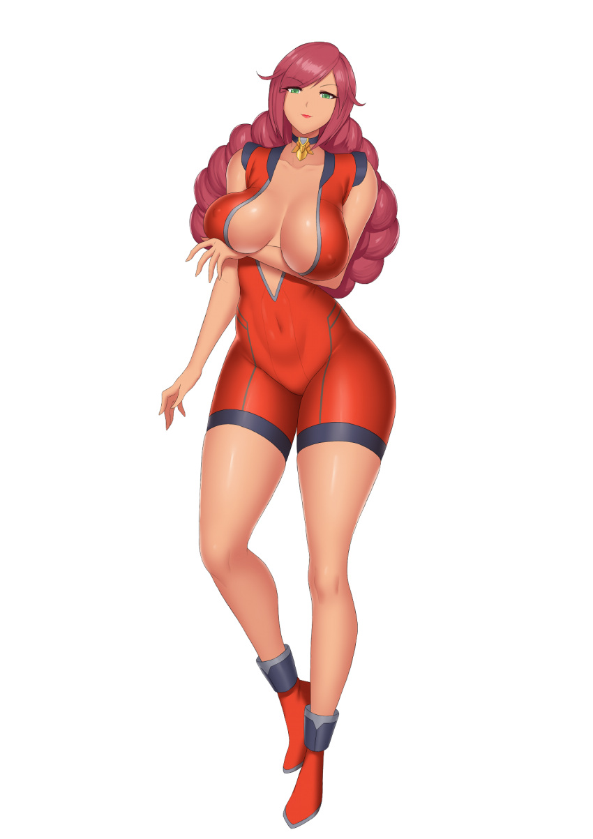 arm_under_breasts brown_skin eden_crest eyebrows_visible_through_hair green_eyes kainkout long_hair nipples_visible_through_clothing red_clothes red_hair red_high_heels shiny_hair shiny_skin