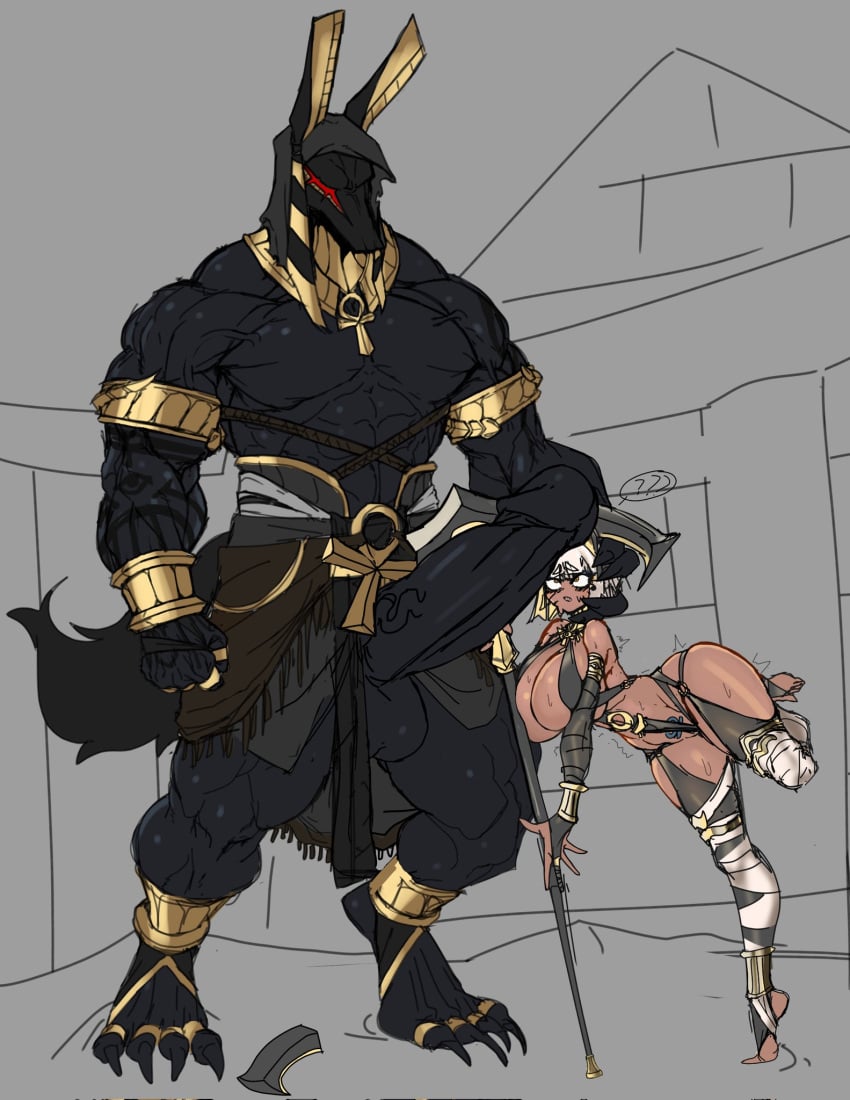 animal_humanoid ankh anthro anubian_jackal anubis anubis_(nlebo_hentai) bast bast_(nlebo_hentai) bastet big_breasts big_penis black_body black_fur bob_cut breasts canid canine canis claws clothed clothing curvy_figure dark_body dark_skin deity duo egyptian egyptian_mythology felid feline female fur genitals gold_(metal) gold_jewelry grey_background head_grab hi_res huge_breasts humanoid imminent_sex jackal jewelry larger_male looking_up male male/female mammal middle_eastern_mythology muscular muscular_anthro muscular_male mythology nervous nlebo_hentai penis question_mark sharp_claws simple_background size_difference skimpy smaller_female thick_penis thick_thighs vein veiny_penis