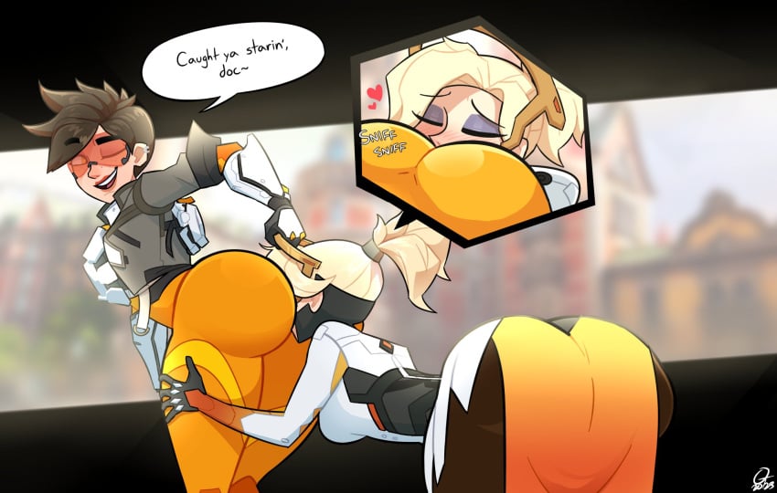 angela_ziegler ass big_ass big_butt bubble_butt butt_sniffing dress face_in_ass female mercy oddtenn overwatch tenuousoddity tracer