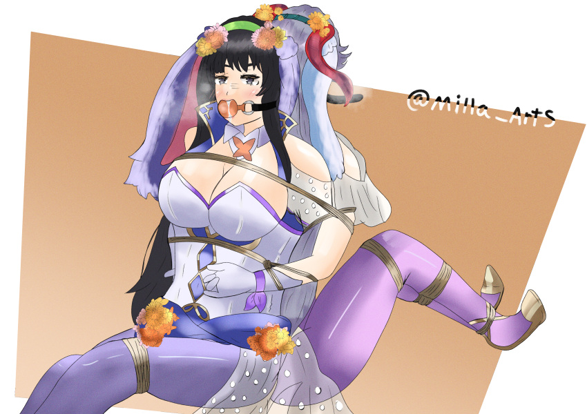 2girls alternate_costume back-to-back ball_gag black_hair bondage bound brown_hair bunny_ears bunny_girl bunnysuit cleavage drooling female female_only femsub fire_emblem fire_emblem:_the_blazing_blade fire_emblem_heroes freyja_(fire_emblem) gag gagged gloves grey_eyes grey_hair heavy_breathing horns karla_(fire_emblem) large_breasts leotard long_hair milla_arts multiple_girls multiple_subs nintendo official_alternate_costume pantyhose restrained saliva saliva_trail strap-on strap-on_gag