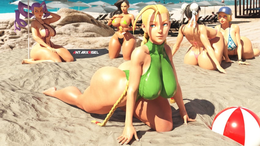 3d 3d_(artwork) 5girls all_fours antarxrigel beach beach_ball big_breasts bikini braid brazilian brazilian_female bubble_butt busty cammy_white cap capcom chun-li dat_ass deck_chair fat_ass female females_only group hair_bun huge_ass human human_only kneeling large_ass laura_matsuda leotard long_hair looking_at_each_other looking_at_viewer lounge_chair lucia_morgan micro_bikini outside parasol rear_view rose_(street_fighter) sand sling_bikini straight_hair street_fighter street_fighter_v thick_thighs thong_bikini thong_leotard wide_hips