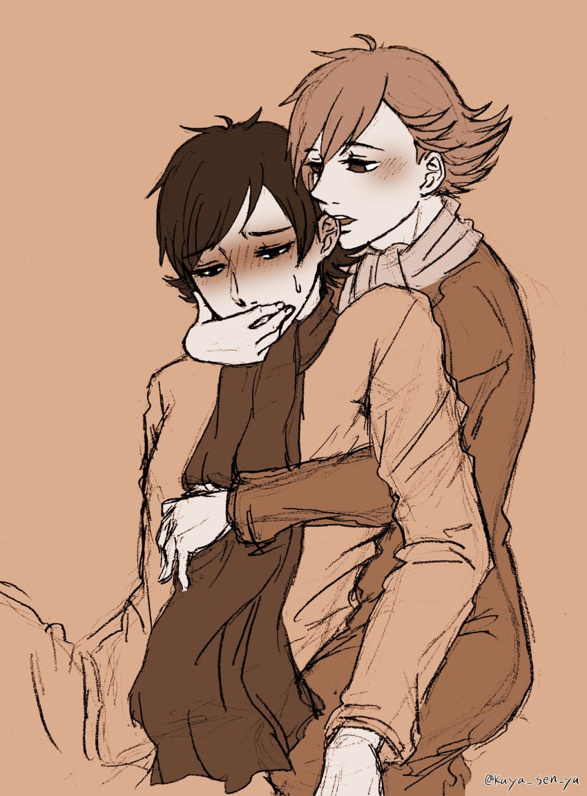 2boys blush brown_theme covering_another's_mouth covering_mouth dilf ear_biting father_and_child father_and_son from_behind fully_clothed gay incest kaya_sen_yu male male_only monochrome parent_and_child scarf snufkin sweatdrop the_joxter the_moomins twink yaoi younger_dom_older_sub