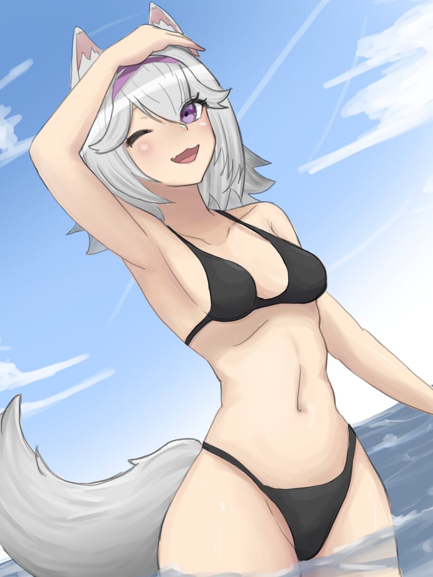 1girls 2023 animal_ear_fluff animal_ears armpits arms_up belly belly_button bikini black_panties black_underwear blue_sky blush breasts female filian filian_(vtuber) fluffy_ears fluffy_tail in_water indie_virtual_youtuber midriff oerba_yun_fang one_eye_closed outdoors outside purple_eyes shou_minamigami silver_hair smile solo stomach swimsuit tail virtual_youtuber vtuber water