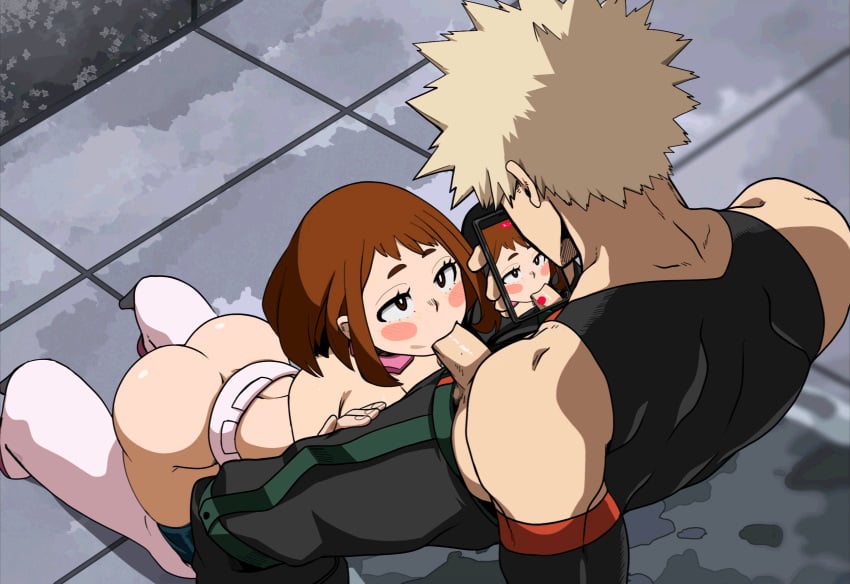 1boy 1girls ass ass_cheeks bakugou_katsuki bare_ass blowjob boku_no_hero_academia clothed clothed_sex fellatio female female_human filming gif giving_head half-dressed hero_outfit_(mha) hi_res highres human katsuki_bakugou kneeling_oral_position looking_up male male/female my_hero_academia nightlykrumbs ochako_uraraka ochako_uraraka_(hero_outfit) on_knees oral part_1 part_of_a_set partially_clothed penis_in_mouth phone phone_screen recording recording_on_phone smartphone spiky_hair straight sucking_penis superhero_costume superheroine uraraka_ochako