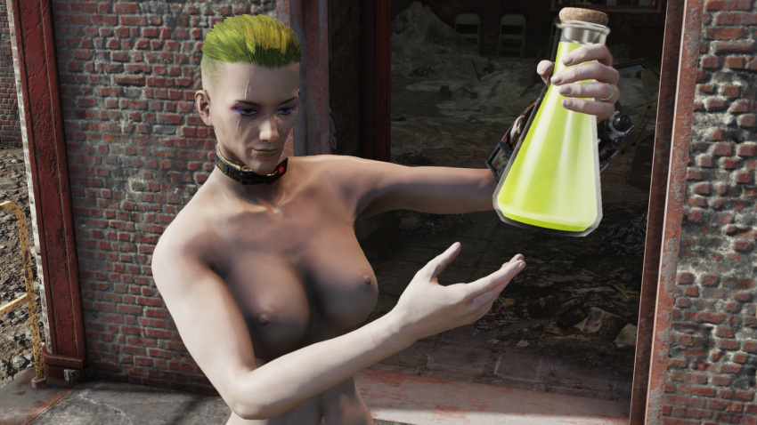 3d big_breasts chemistry fallout fallout_76 female female_only green_hair green_lipstick makeup original_character pip-boy screenshot