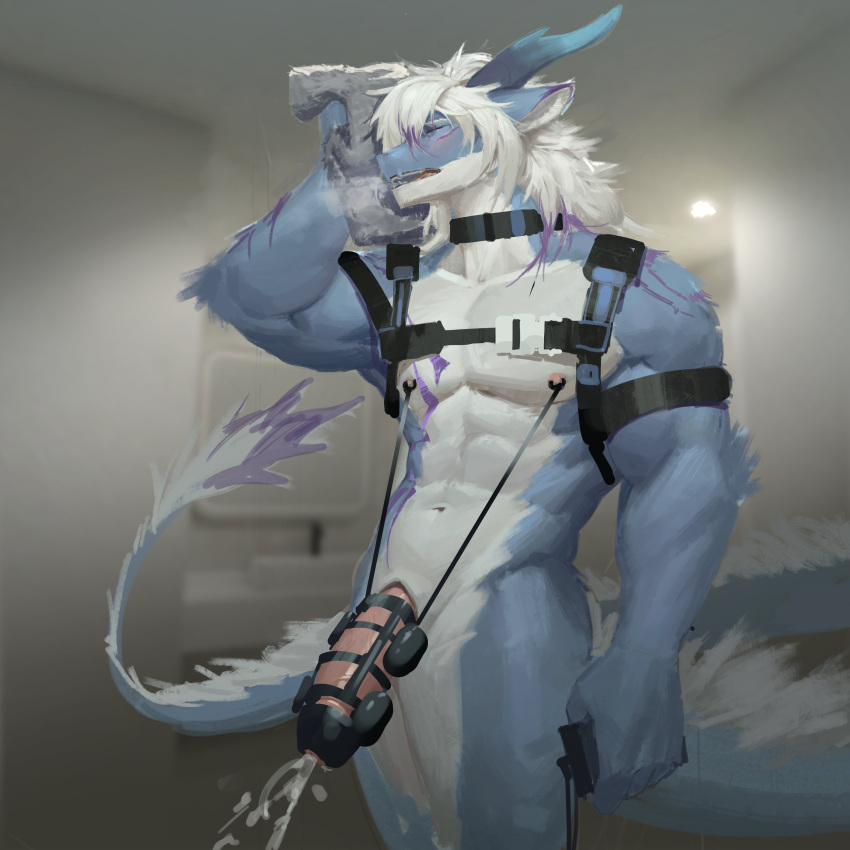 1:1 1boy absurd_res anthro awaldkize black_harness blue_body blue_fur blue_horn bodily_fluids closed_eyes cum cumshot dragon egg_vibrator ejaculation erection fur furred_dragon genital_fluids genitals hair harness hi_res holding_object holding_towel horn humanoid_genitalia humanoid_penis male male_only markings open_mouth penile penis portrait purple_markings red_penis sex_toy solo standing tail tail_tuft three-quarter_portrait towel tuft vibrator vibrator_on_penis white_body white_fur white_hair