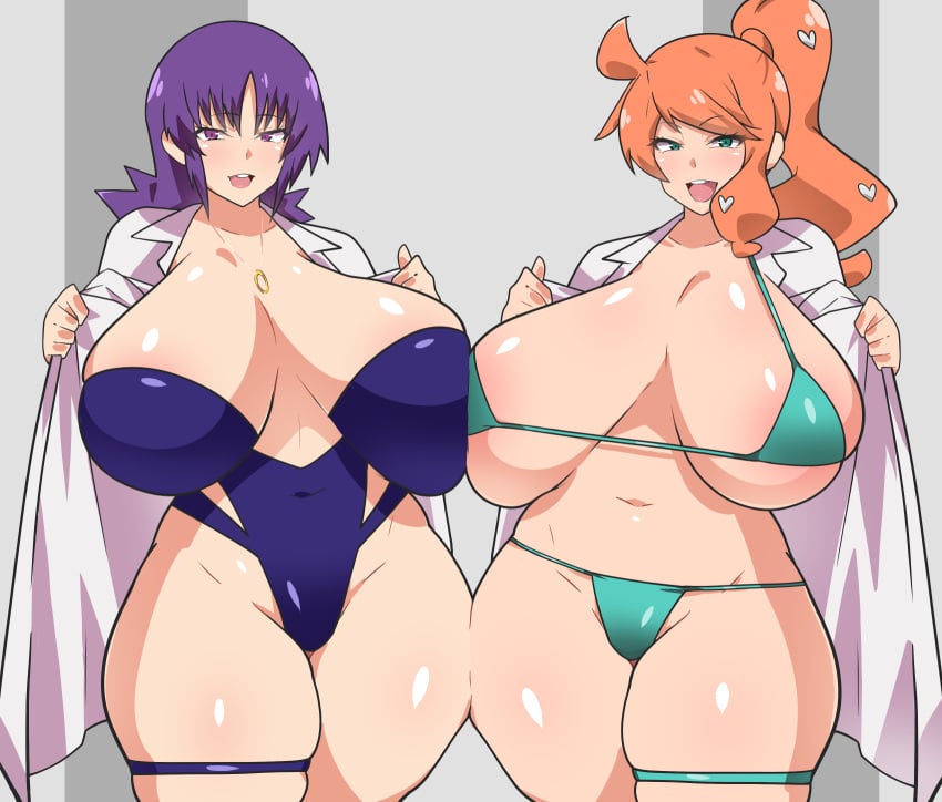 2girls alternate_breast_size aqua_eyes bikini breasts breasts_bigger_than_head busty dd_(artist) female female_only hips huge_breasts labcoat large_breasts light-skinned_female light_skin long_hair naughty_face nintendo orange_hair philena_ivy pokemon pokemon_(anime) pokemon_professor pokemon_ss purple_eyes purple_hair sagging_breasts side_ponytail sonia_(pokemon) swimsuit thick_thighs thighs voluptuous wide_hips