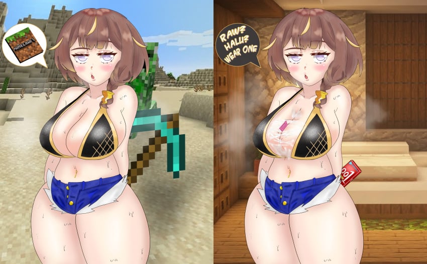 1girls 2koma alternate_hairstyle alternate_version_available anya_melfissa asking_for_sex bangs bed bedroom bedroom_setting bikini black_bikini blush brown_hair condom condom_between_breasts condom_box creeper creeper_(minecraft) cum cum_bridge cum_on_breasts cum_on_upper_body demanding_a_condom desert eddarxart english_text hair_ornament hololive hololive_indonesia indonesian_text jean_shorts large_breasts looking_at_viewer low_ponytail midriff minecraft minecraft_background minecraft_mob minecraft_youtubers multiple_images navel_piercing official_alternate_hairstyle open_clothes open_fly purple_eyes raised_eyebrow semen short_shorts shorts shortstack smug solo solo_female speech_bubble steaming_body sweat sweating thick_thighs thighs top_heavy virtual_youtuber vtuber