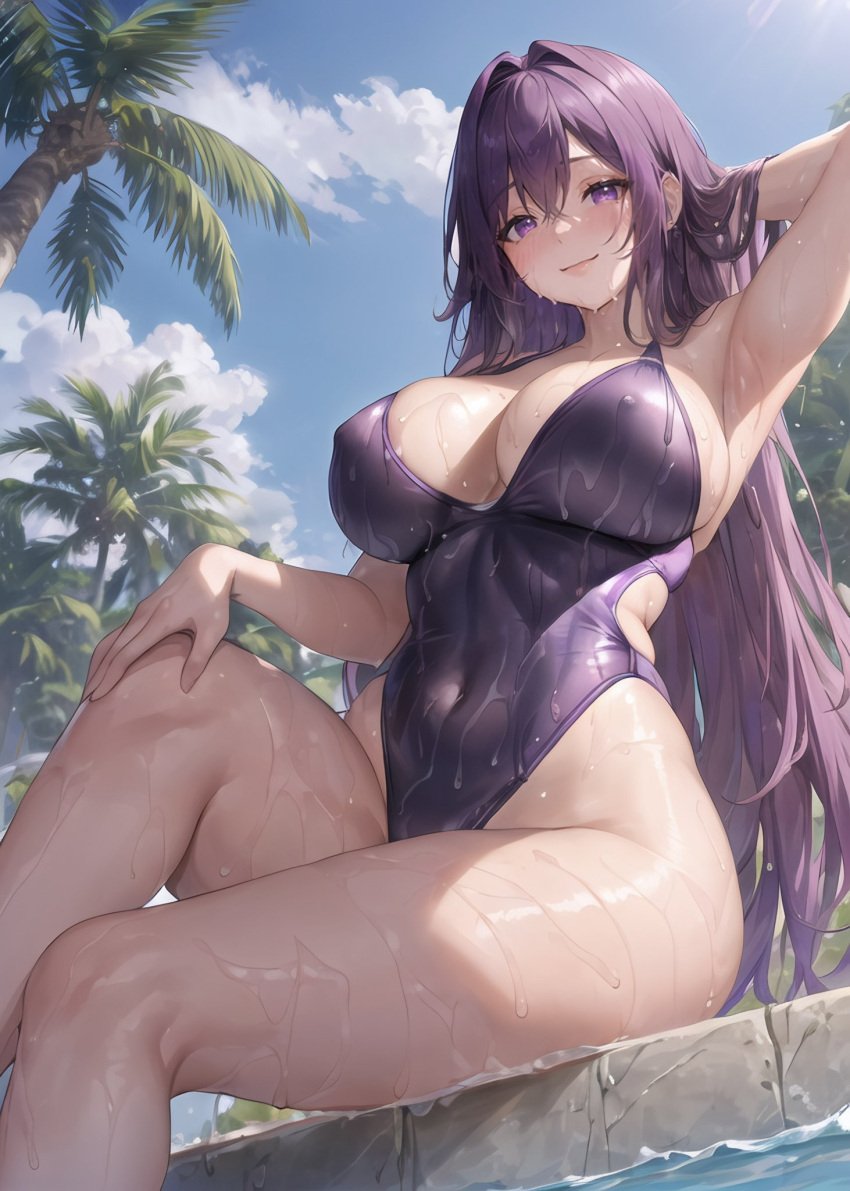 1girls ai_generated breasts female huge_breasts long_hair one-piece_swimsuit original original_character outdoors purple_eyes purple_hair smile stable_diffusion stuffyai swimsuit thick_thighs thighs wet wet_body