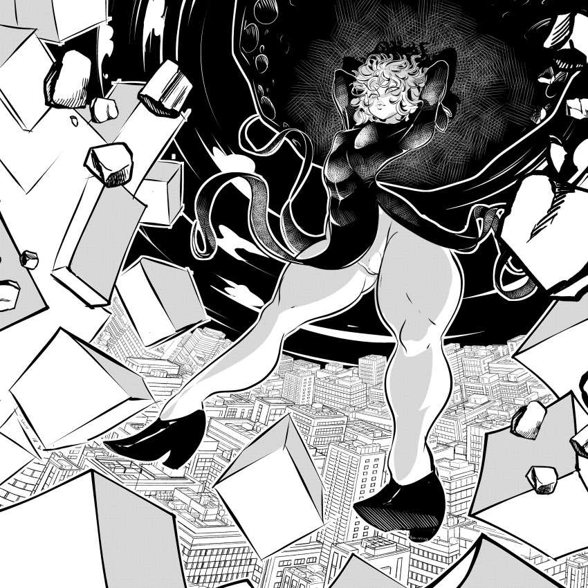 1girls clumzor curly_hair greyscale ink monochrome one-punch_man pussy small_breasts solo tatsumaki thick_thighs