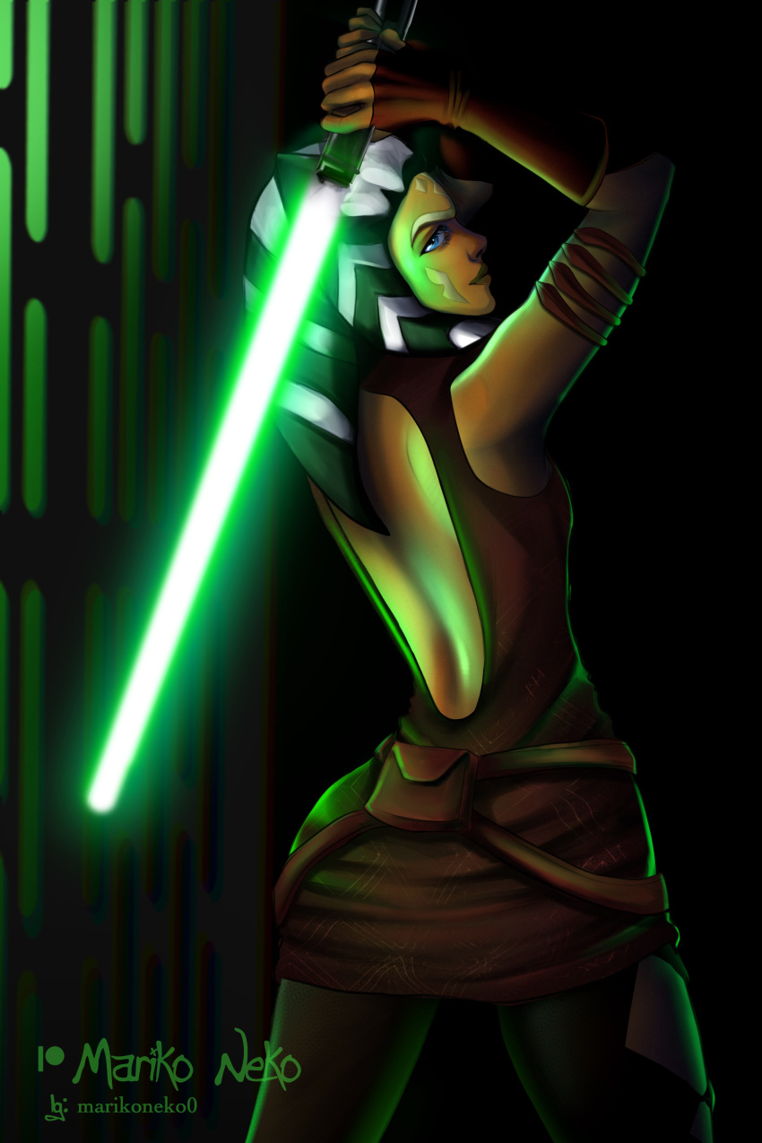 1girls ahsoka_tano alien alien_girl black_background clone_wars clothed female lightsaber low_light marikoneko marikoneko0 star_wars text the_clone_wars:_season_four togruta