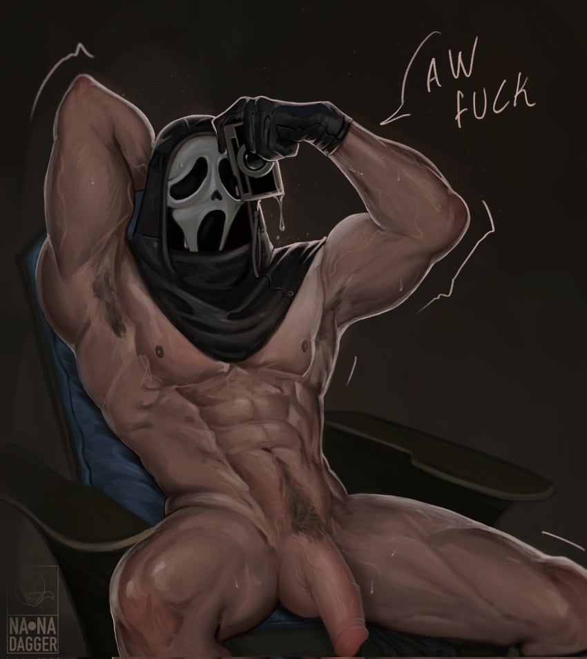 1boy camera dim_lighting gay ghostface ghostface_(scream) gloves hairy_armpits half-erect happy_trail male_only masked_male muscles muscular_male nanadagger posing_for_picture sitting_on_chair six_pack sweating tired