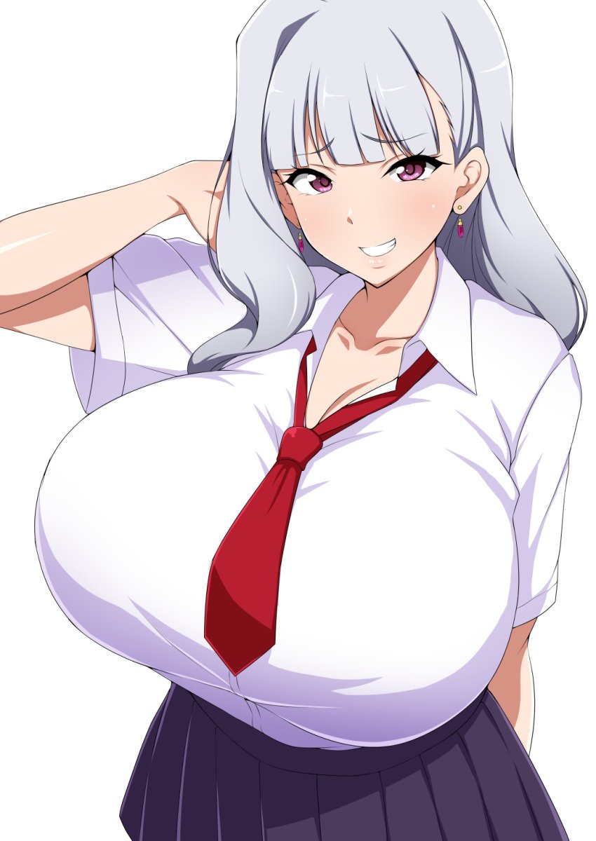 breasts cleavage earrings huge_breasts idolmaster jabara_tornado long_hair plump school_uniform shijou_takane shirt silver_hair skirt tie white_background