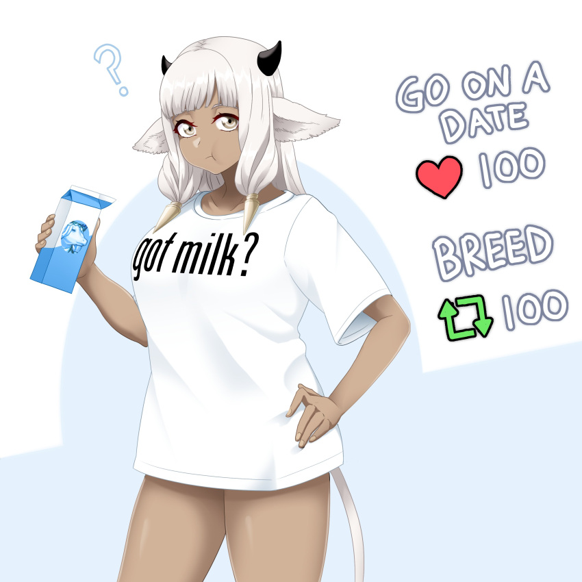 1girls ? animal_ears ash_(fire_emblem) cow_girl dark-skinned_female dark_skin english_text female female_only fire_emblem fire_emblem_heroes grey_eyes grey_hair horns incognigoat meme milk nintendo pout shirt solo t-shirt_only tail text