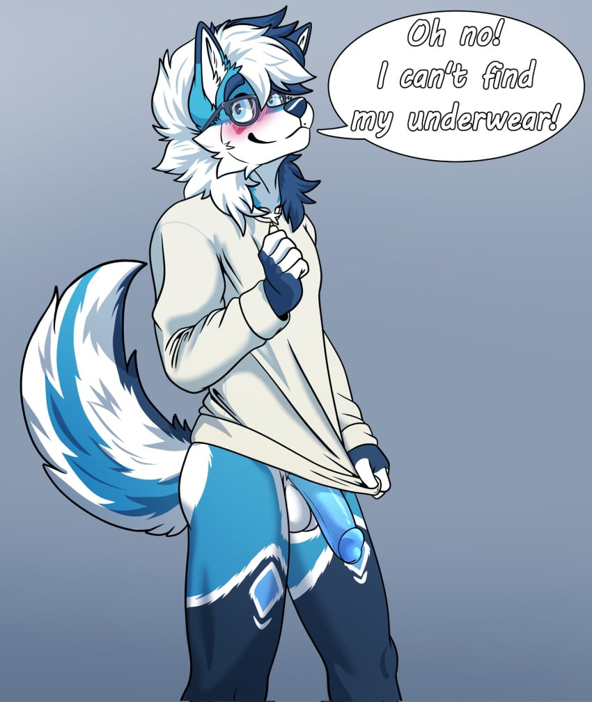 anthro azucaster balls blush bootywithabolt canid canine canis clothed clothing erection erection_under_clothing eyewear fur genitals glasses hair hi_res looking_at_viewer male mammal penis simple_background smile solo tail text