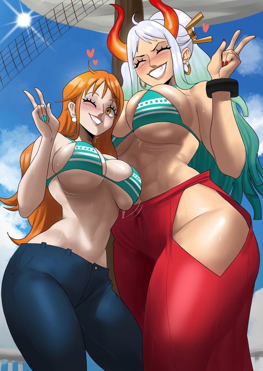 2girls abs absurdres bikini bikini_top breasts child_bearing_hips cleavage echosaber fat_breasts female female_only flat_belly horns huge_breasts jeans large_breasts light_skinned_female long_hair nami nami_(one_piece) one_piece orange_hair peace_sign post-timeskip shounen_jump sideboob six_pack size_difference smile striped_bikini taller_female taller_girl thick_thighs tight_bra white_hair wide_hips yamato_(one_piece)