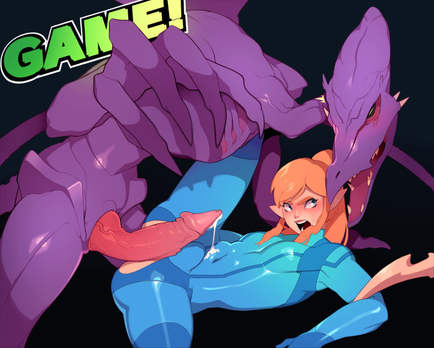2boys alien angry animal_genitalia animal_penis anthro black_background blonde_hair blush breath_of_the_wild combos-n-doodles commentary cosplay crossdressing crossover cum english_commentary femboy gay high_ponytail highres interspecies link link_(breath_of_the_wild) long_hair looking_at_another lying male metroid monster multiple_boys open_mouth penis pointy_ears precum rape ridley samus_aran_(cosplay) scalie sharp_teeth sidelocks simple_background skin_tight super_smash_bros. teeth the_legend_of_zelda yaoi zero_suit