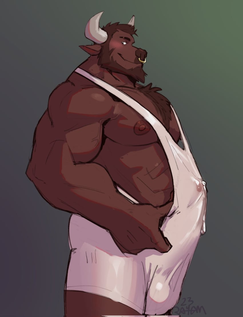 1boy 2023 abs anthro beard biceps blush bodily_fluids body_hair boner bovid bovine brown_hair bulge cattle chest_hair clothed clothing deltoids dripping erection erection_under_clothing facial_hair forearm_muscles furry genital_fluids grey_background hair hand_on_hip hi_res horn looking_at_viewer male male_only mammal manly muscular nipples pecs precum precum_drip rneves_069 simple_background smile smiling_at_viewer solo solo_male tenting testicle_bulge triceps tuskyrayan uthor_(darksideofdiscovery) wrestling_singlet