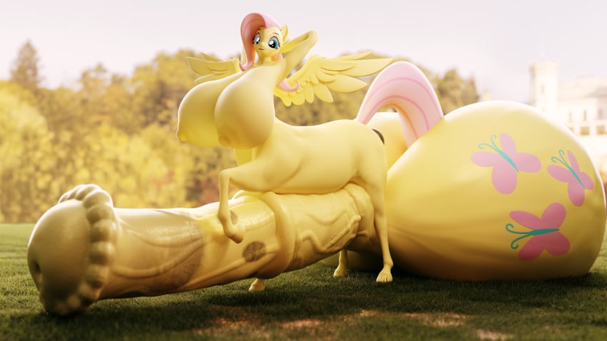 3d animal_genitalia anthro balls_bigger_than_head big_balls centaur dickgirl equid_taur fluttershy_(mlp) frostbound futanari gigantic_penis gigantic_testicles hasbro horsecock huge_breasts huge_penis huge_testicles hyper hyper_balls hyper_breasts hyper_penis intersex my_little_pony straight_hair taur veiny_penis yellow_fur