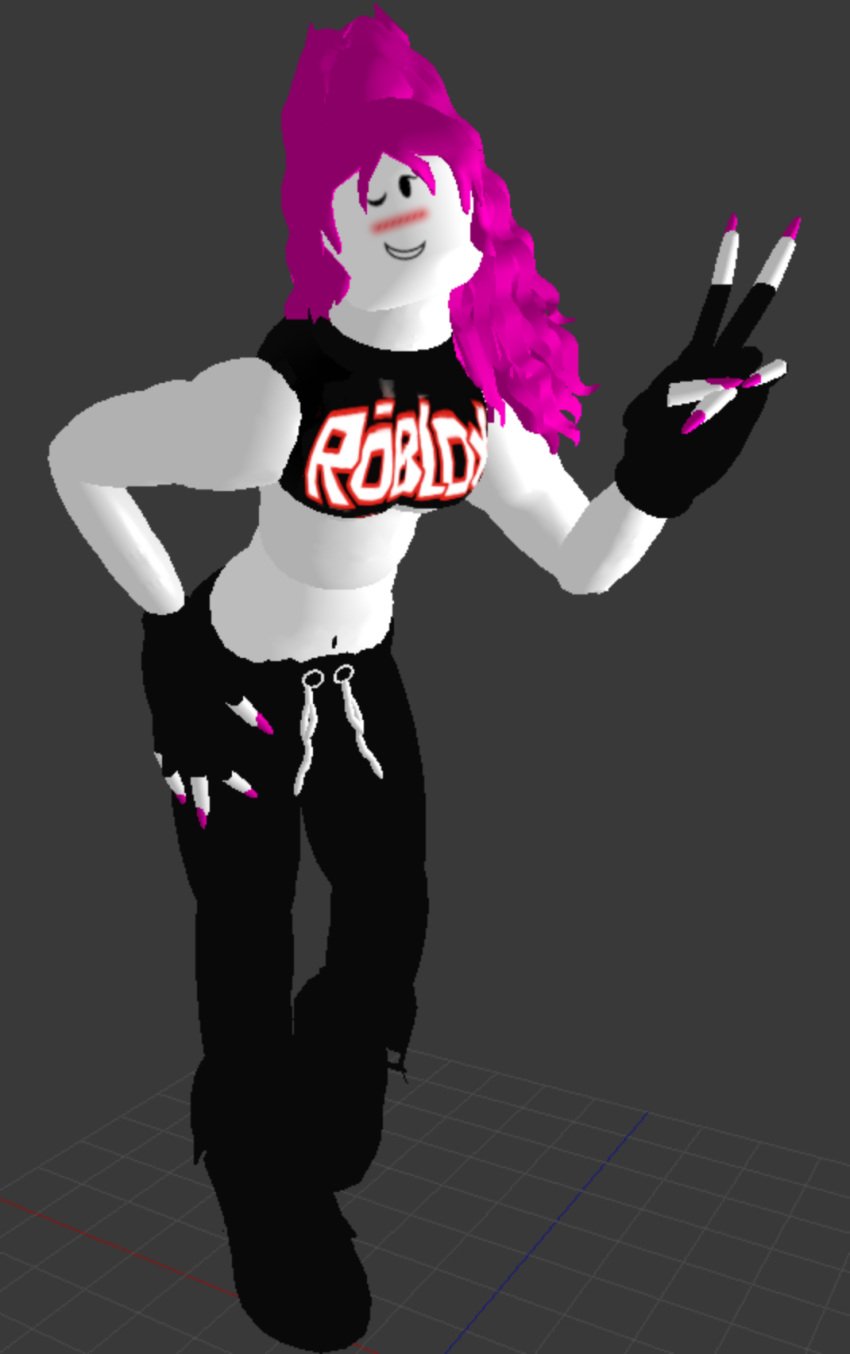 1girls 3d belly_button blush croptop exposed_shoulders female guest_(roblox) guest_224 hand_on_hip humanoid leaning_forward mario5697 nail_polish peace_sign pink_hair pink_nail_polish pink_nails roblox robloxian small_boobs tagme wink winking_at_viewer