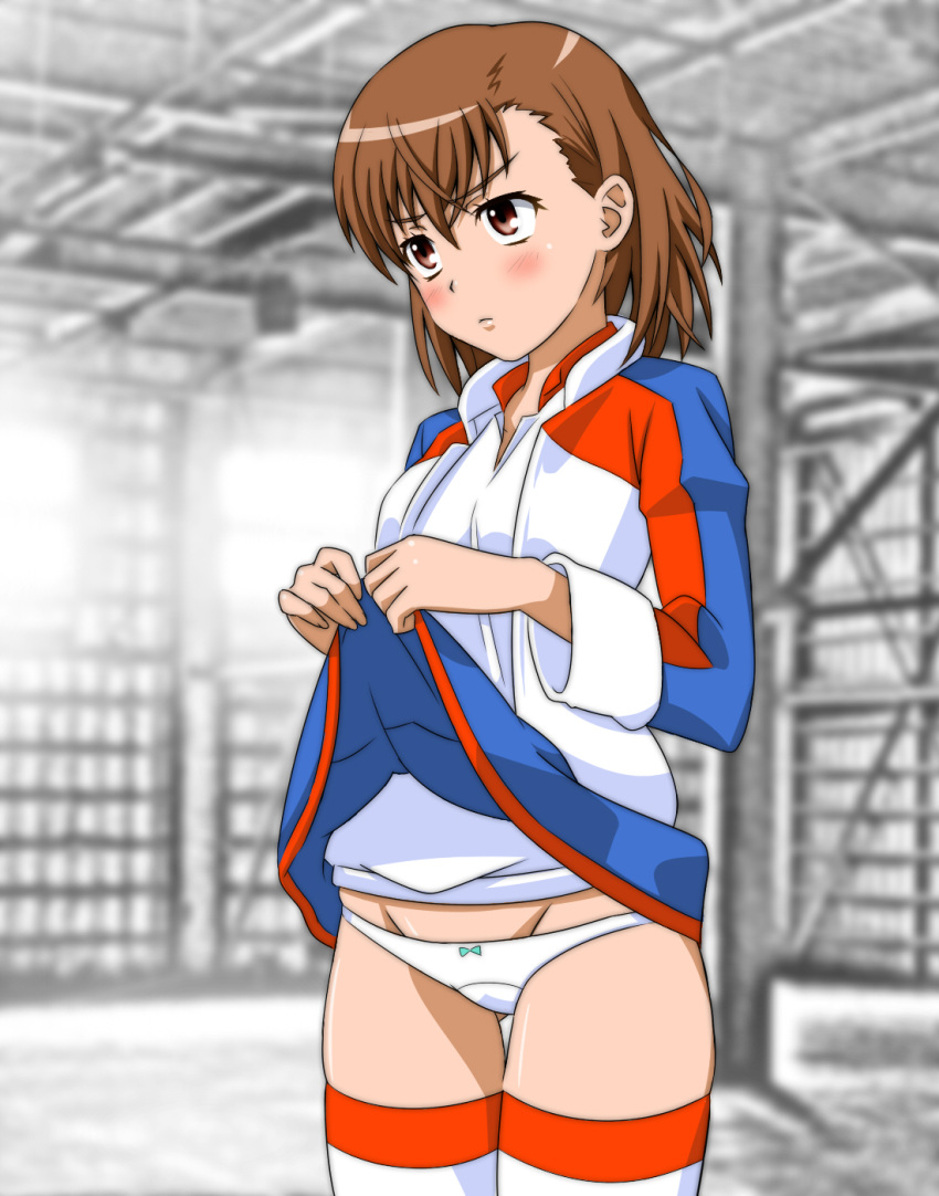 10s 1girls 2013 alternate_costume ass_visible_through_thighs blush borrowed_clothes bow bow_panties brown_eyes brown_hair brunette clothes_lift cosplay cowboy_shot crotch_seam female gluteal_fold indoors jacket lifted_by_self looking_away matching_hair/eyes misaka_mikoto mochi_mame panties ribbon_panties short_hair skirt skirt_lift socks solo standing teenage_girl teenager thigh_socks thighhighs thighs to_aru_kagaku_no_railgun to_aru_majutsu_no_index underwear upskirt white_panties white_socks young