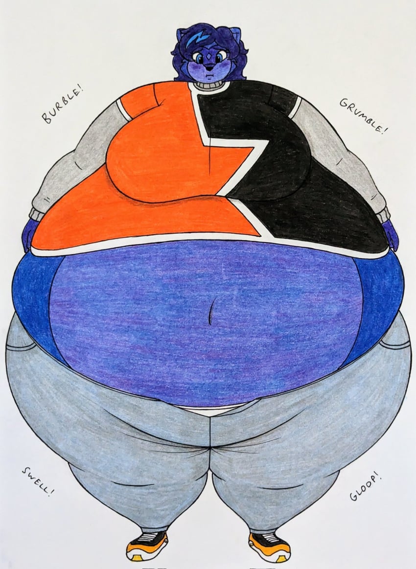 big_breasts blue_eyes blueberry_inflation breasts chewing chewing_gum female furry jeans lj_caffie long_hair orange_shirt pants raccoon shoes tanuki thick_thighs trash_panda wide_hips