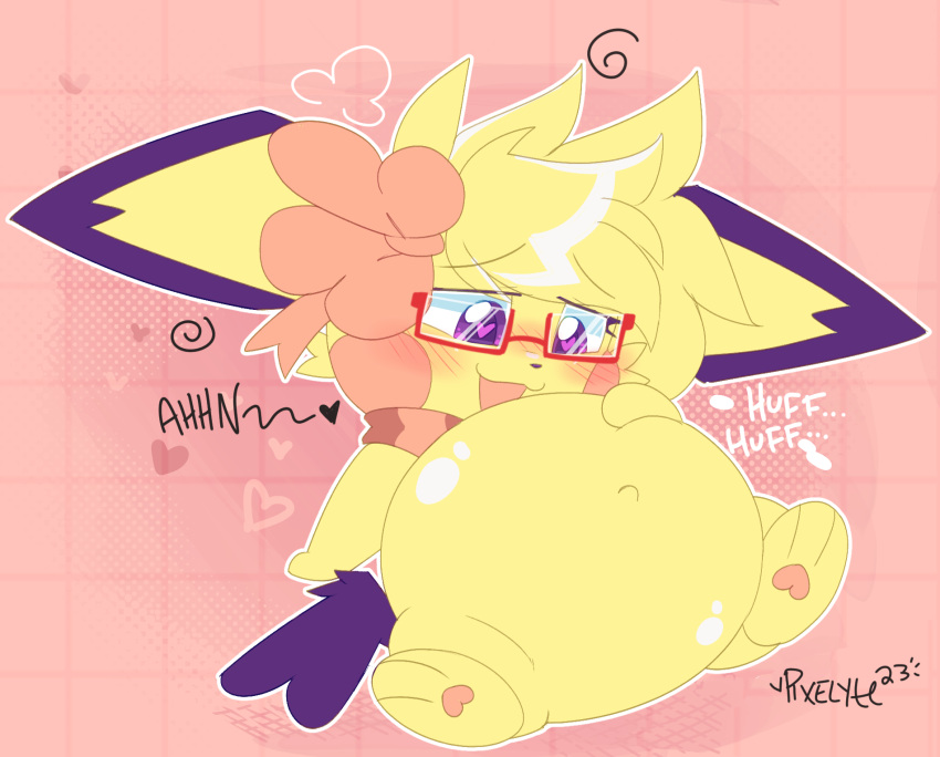 belly blush bow_(disambiguation) eyewear female generation_2_pokemon glasses hi_res nintendo paws pichu pixelyteskunk pokemon pokemon_(species) scarf sparkle_chu text vore