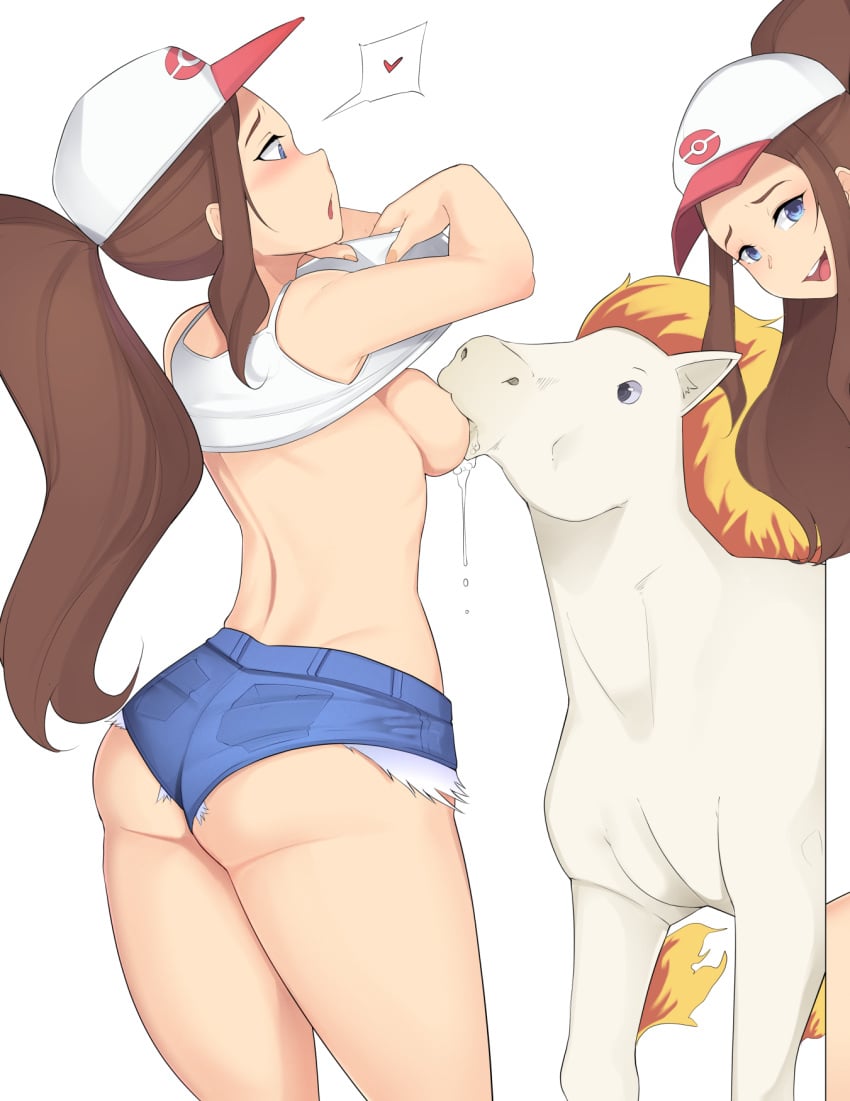 baseball_cap blue_shorts breast_sucking breasts brown_hair clothes_lift female fire hat heart highres hilda_(pokemon) horse micro_shorts multiple_views neovixtadiz no_bra open_mouth pokemon pokemon_(species) pokephilia ponytail rapidash shirt_lift shorts sideways_mouth smile spoken_heart white_background zoophilia