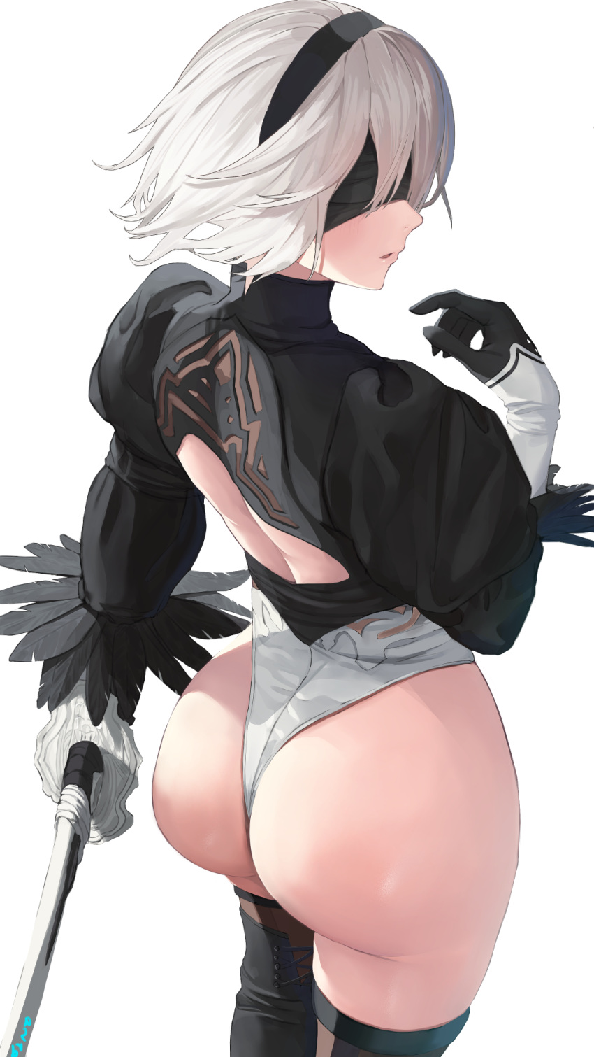 1girls ass ass_focus asurada_yui back big_ass black_blindfold black_gloves black_thighhighs blindfold breasts feather-trimmed_sleeves female gloves grin hairband highleg highleg_leotard huge_ass juliet_sleeves katana large_breasts leotard long_sleeves looking_back nier:_automata parted_lips puffy_sleeves short_hair smile solo square_enix sword thighhighs thighs thong_leotard turtleneck turtleneck_leotard virtuous_contract weapon white_hair white_leotard yorha_2b