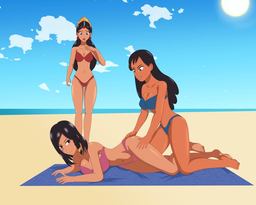 3girls anoneysnufftan applying_sunscreen arabian beach bikini black_hair brown_eyes crossover dark-skinned_female dark_skin disney earrings edasbild embarrassed female female_only hand_on_chest hands_on_ass hawaiian headdress heart_earrings humiliation imminent_death jewelry killer_lotion kneeling laying_down lilo_and_stitch long_hair massage murder nani_pelekai ocean on_side overwatch peril pharah princess_yum_yum punishment rubbing sand seaside short_hair sky snuff standing summer sunbathing swimsuit tattoo the_thief_and_the_cobbler_(film) towel watching