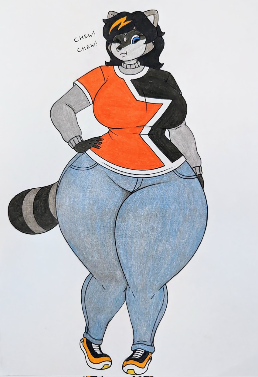 big_breasts blue_eyes blueberry_inflation breasts chewing chewing_gum female furry jeans lj_caffie long_hair orange_shirt pants raccoon shoes tanuki thick_thighs trash_panda wide_hips