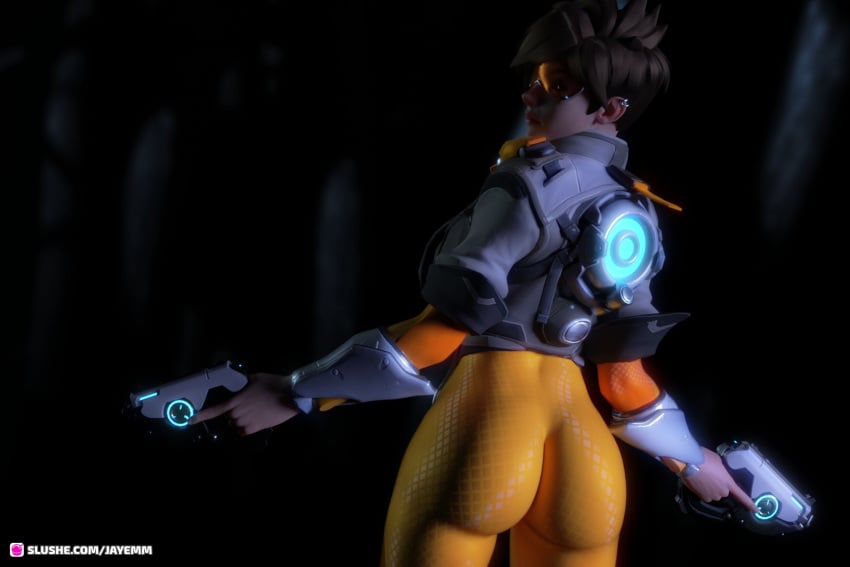 1girls 2023 3d ass blizzard_entertainment brown_hair clothed clothing dual_wielding fanart female female_only holding_gun holding_object holding_weapon jayemm orange-tinted_eyewear overwatch solo solo_female standing stylized tinted_eyewear tracer visor