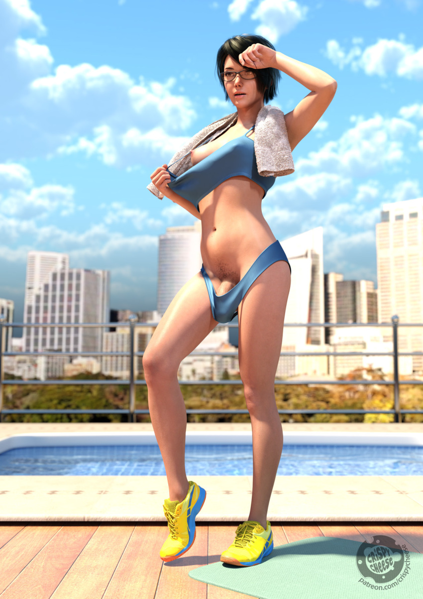 1futa 1girls 2019 3d asian asian_futanari black_hair black_pubic_hair cityscape crispycheese depth_of_field futa_only futanari glasses medium_breasts nagisa_tsukuda_(crispycheese) original_character outdoor outdoor_nudity outdoors outside pool poolside pubic_hair short_hair small_breasts solo solo_futa standing swimsuit towel undressing