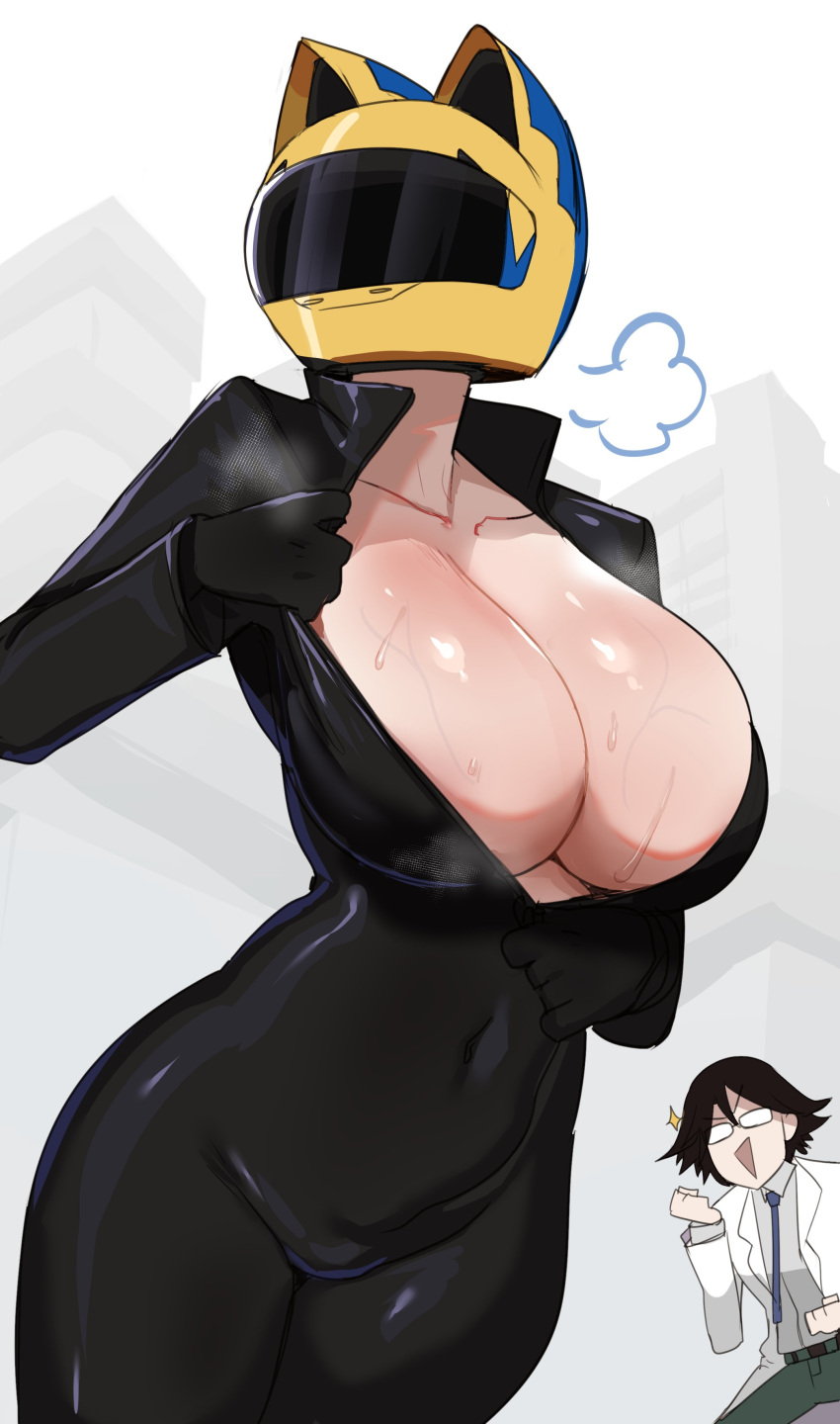 1girls big_breasts bodysuit cat_ear celty_sturluson character_in_background durarara!! female inner_sideboob lightsource motorcycle_helmet open_bodysuit unzipped unzipped_bodysuit veiny_breasts very_high_resolution