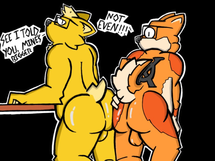 2023 allen_the_corgi anthro ass ass_to_ass back_tattoo backsack balls bent_over big_butt biped black_markings butt_focus butt_squish canid canine canis comparing_butts curled_tail digital_media_(artwork) domestic_dog duo eyewear fur fur_markings fur_tuft genitals glasses glistening glistening_butt hair herding_dog hi_res kodashibe male mammal markings nude orange_body orange_fur overweight pastoral_dog raised_tail reed_the_deer shiba_inu short_tail slightly_chubby spitz squish tail tattoo thick_thighs tuft welsh_corgi yellow_body yellow_fur