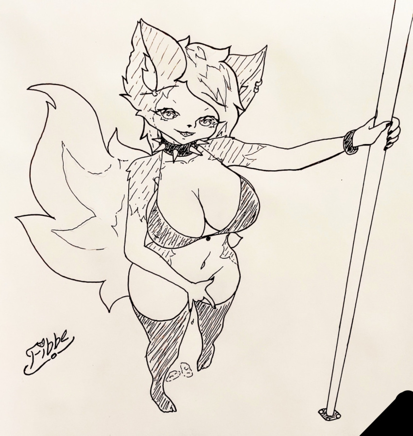 anthro big_breasts breasts clothing collar curvy_figure ear_piercing female fibbelous fluffy fluffy_tail gauged_ear hi_res hourglass_figure huge_breasts invalid_tag legwear looking_at_viewer male male/female masturbation piercing pole solo spiked_collar spikes stockings stripper_pole tail thigh_highs